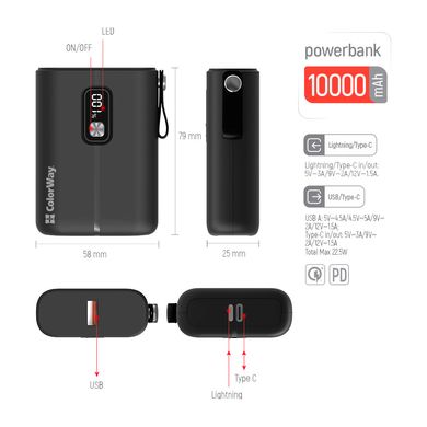 ColorWay 10000 mAh Full power USB QC3.0 + USB-C Power Delivery 22.5 (CW-PB100LPK2BK-PDD) 312779 фото