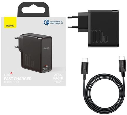 Baseus GaN2 Fast Charger 100W + Cable Type-C to Type-C 100W Black (TZCCGAN-L01) 331022 фото