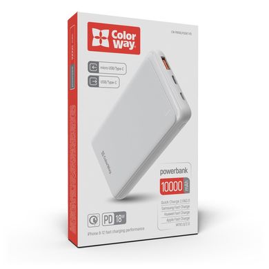 ColorWay 10000 mAh Slim USB QC3.0 + USB-C Power Delivery 18W White (CW-PB100LPG3WT-PD) 326631 фото